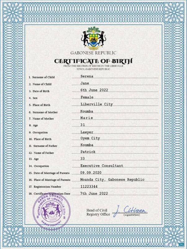 Download Gabon birth certificate PSD template Photoshop template